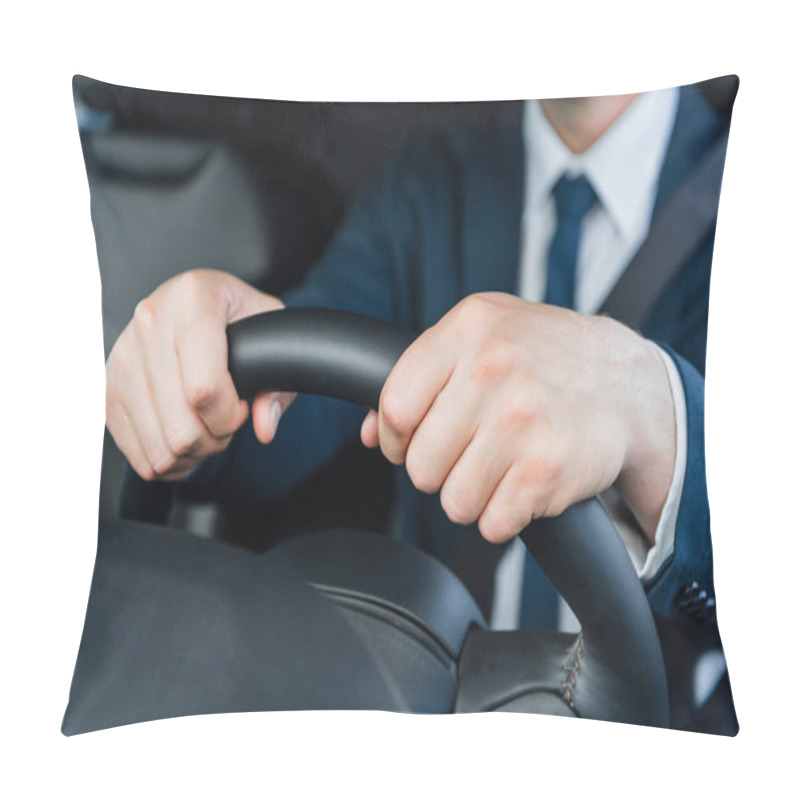 Personality  Cropped View Of Hands Of Businessman On Steering Wheel In Car Pillow Covers