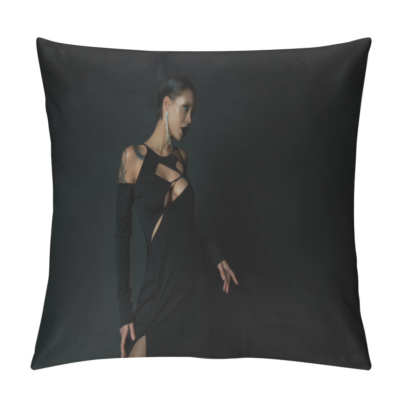 Personality  Gothic Sensuality, Tattooed Woman In Sexy Enchantress Dress And Dark Makeup Looking Away On Black Pillow Covers