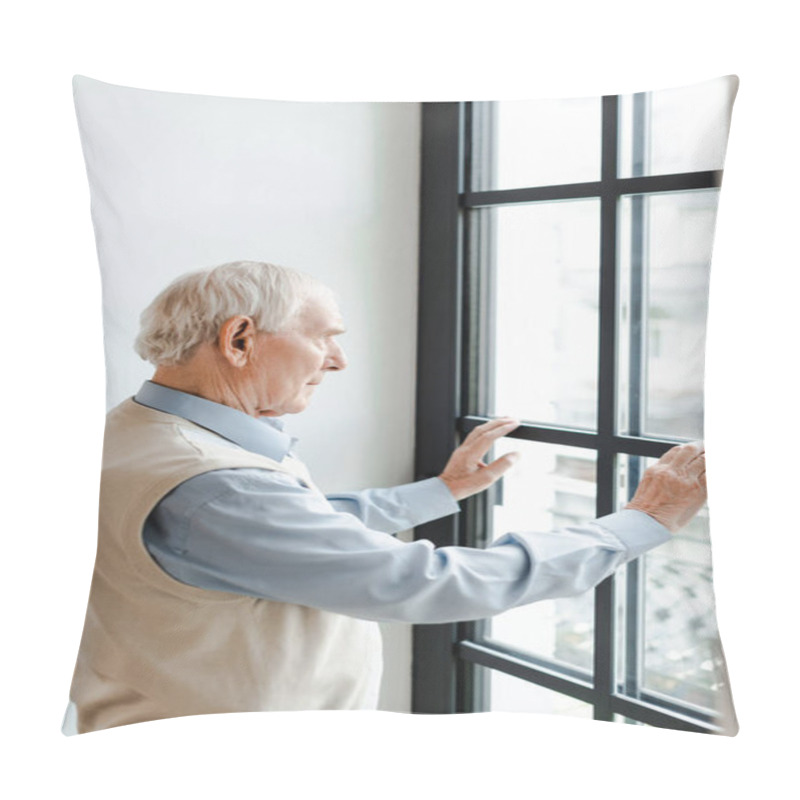 Personality  Upset Senior Man Looking Through Window During Quarantine Pillow Covers