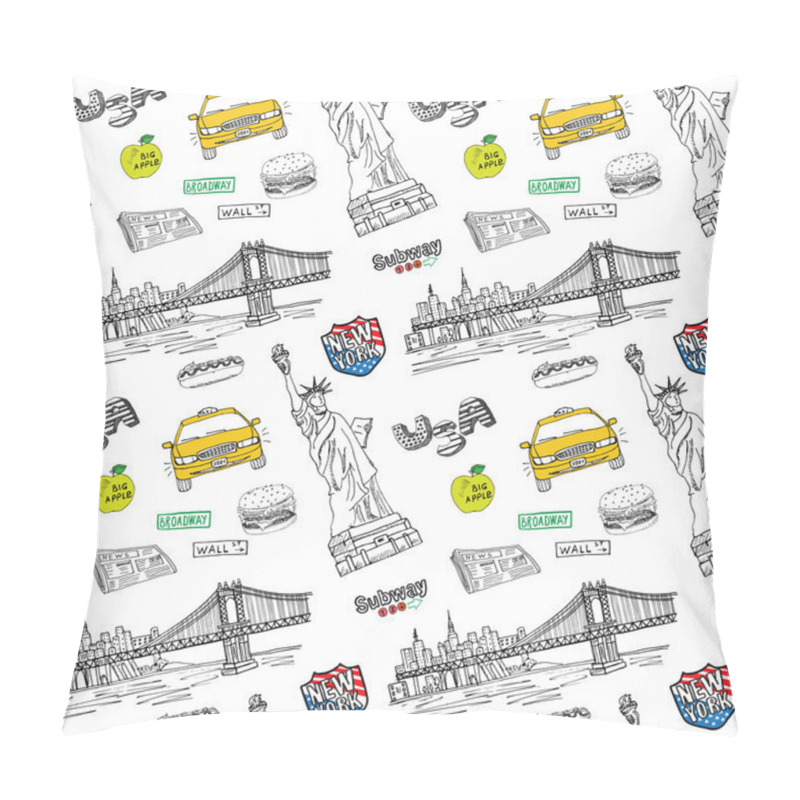 Personality  New York City Seamless Pattern With Hand Drawn Sketch Taxi, Hotdog, Burger, Statue Of Liberty, Newspaper, Manhatan Bridge. Drawing Doodle Vector Illustration, Isolated On White Pillow Covers