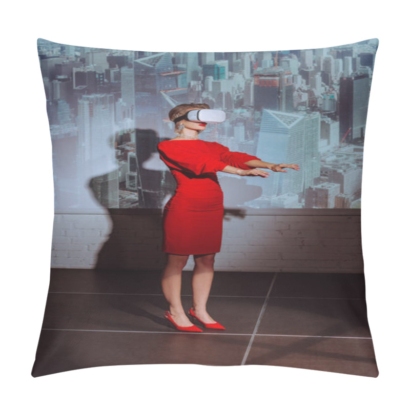 Personality  Stylish Woman With Outstretched Hands In Red Dress And Virtual Reality Headset On City Background  Pillow Covers