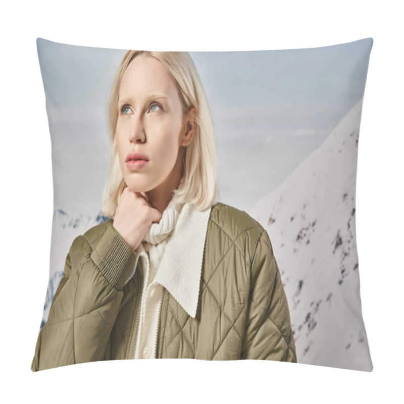 Personality  Beautiful Blonde Woman In Khaki Jacket Posing With Her Hand On Chin And Looking Away, Winter Fashion Pillow Covers