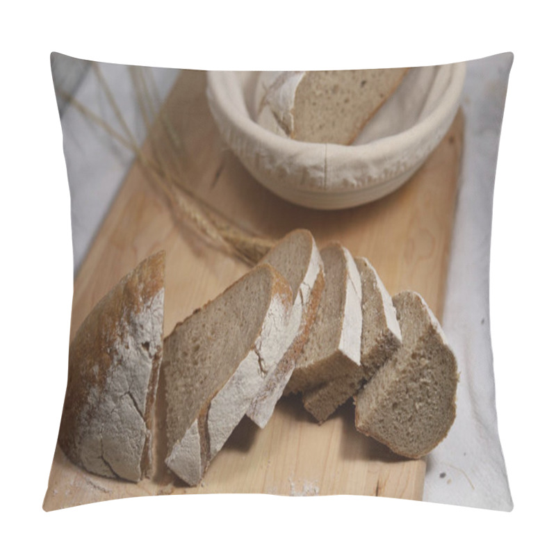 Personality  Freshly Baked Wholegrain Bread Cut Half For Slices And Half Bread At The Basket Stayed On The Wooden Board With Ears Of Corns. Top View Pillow Covers