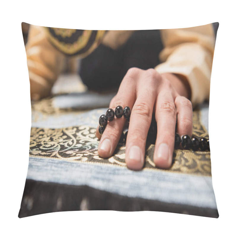 Personality  Blurred Middle Eastern Man With Prayer Beads Doing Salah At Home  Pillow Covers