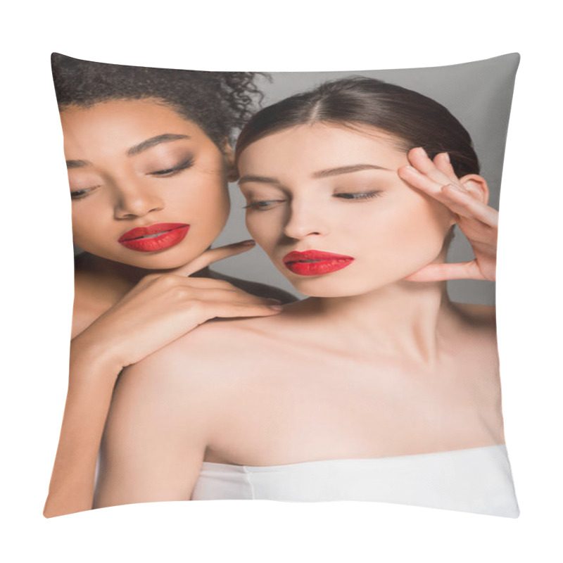 Personality  Attractive Nude Multiracial Girls With Red Lips, Isolated On Grey Pillow Covers