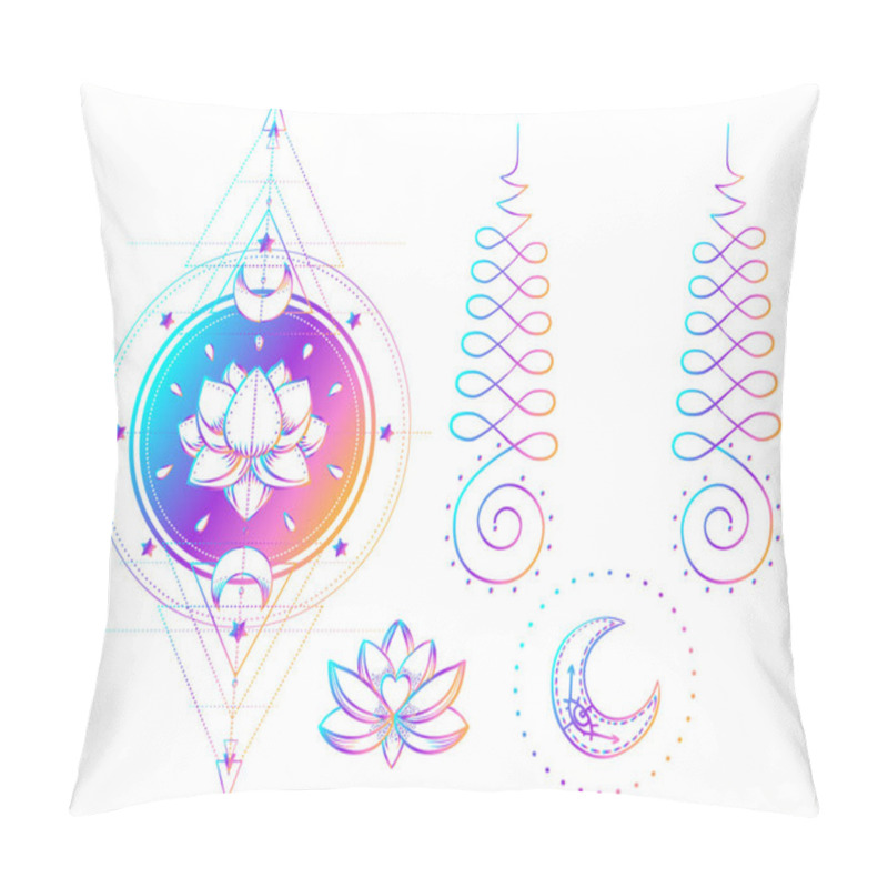 Personality  Sacred Geometry And Boo Symbol Set. Ayurveda Sign Of Harmony And Balance. Tattoo Design, Yoga Logo. Poster, T-shirt. Colorful Gradient Over Black. Astrology, Esoteric, Religion. Pillow Covers