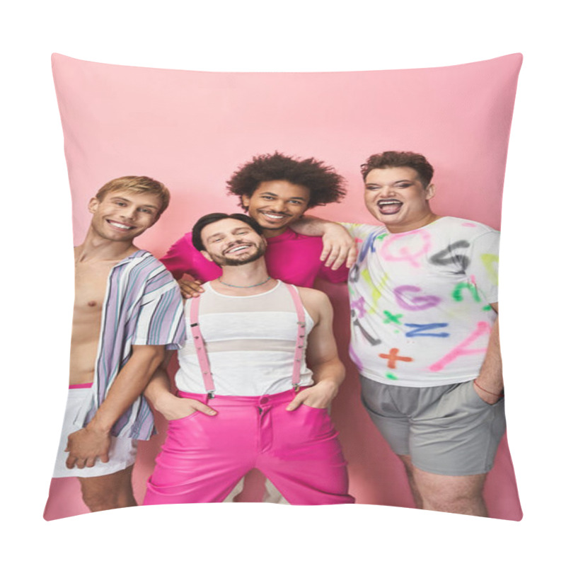 Personality  Four Friends Pose Together In Vibrant Outfits, Exuding Joy And Confidence Against A Pink Backdrop. Pillow Covers