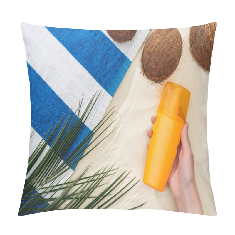 Personality  Top View Of Palm Leaf, Coconuts And Female Hand With Sunscreen On Sand  Pillow Covers