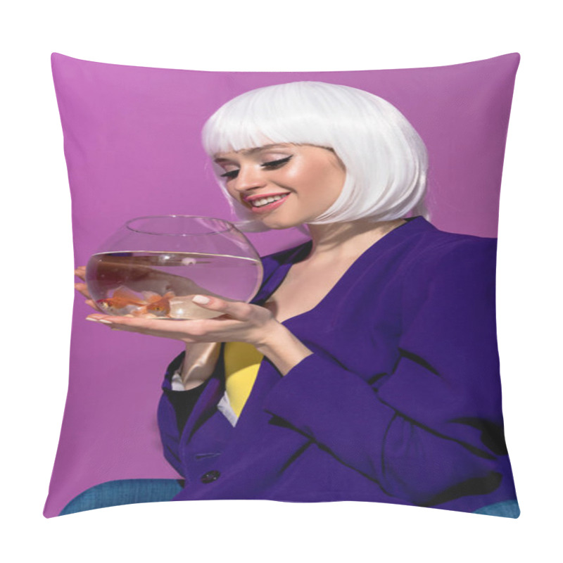 Personality  Smiling Girl In White Wig Holding Aquarium With Goldfishes Isolated On Purple Pillow Covers