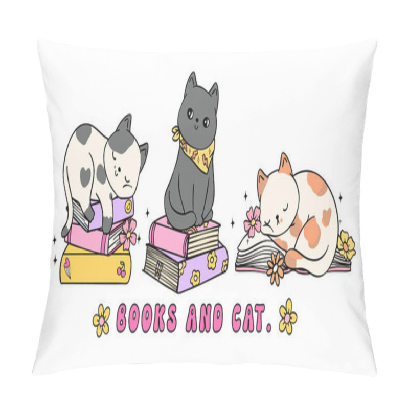 Personality  Cozy Book Vibe Retro Groovy Books And Cat Banner Vibrant And Bold Cartoon Doodle Drawing. Pillow Covers