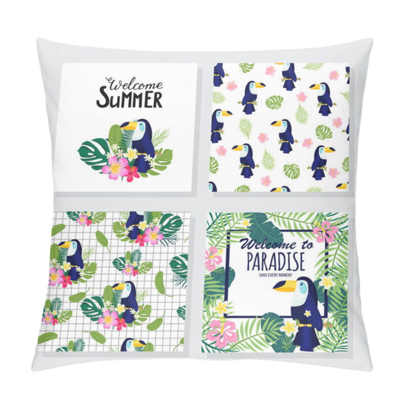 Personality  Floral Posters Set In A Tropical Style With Exotic Leaves, Toucan, Flowers. Can Be Used For Cards, Posters, Invitations, Flyers. Vector Illustration Pillow Covers