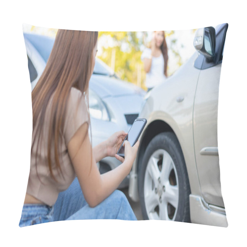 Personality  Two Drivers Check For Damage After A Car Accident Before Taking Pictures And Sending Insurance. Online Car Accident Insurance Claim Idea After Submitting Photos And Evidence To An Insurance Company. Pillow Covers