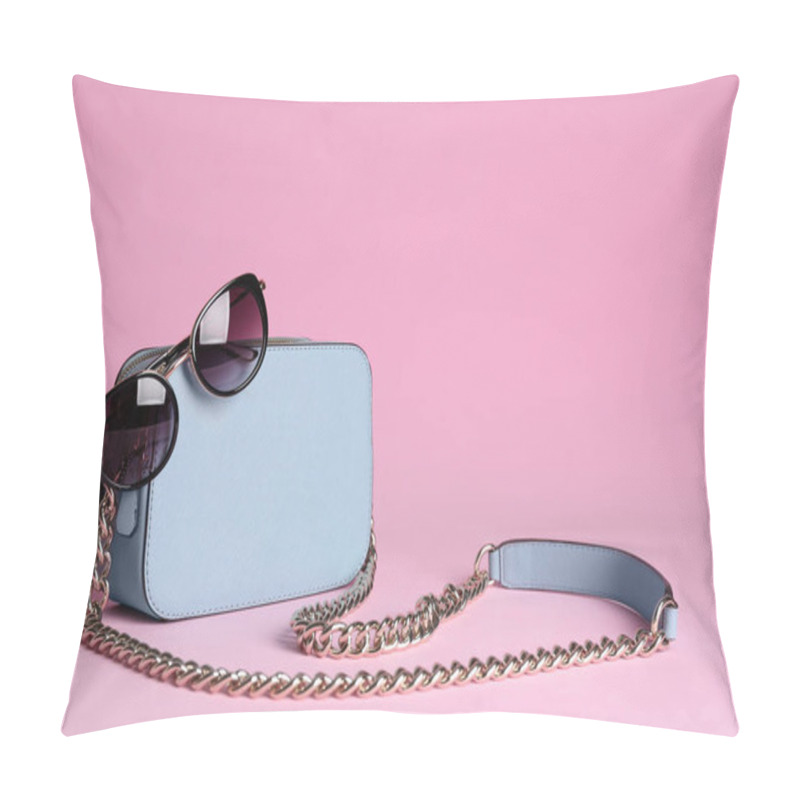 Personality  Stylish Woman's Bag And Sunglasses On Light Pink Background Pillow Covers