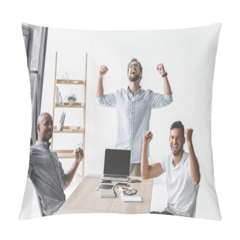 Personality  Multiethnic Group Of Young Business People Celebrating Success At Workplace In Office Pillow Covers