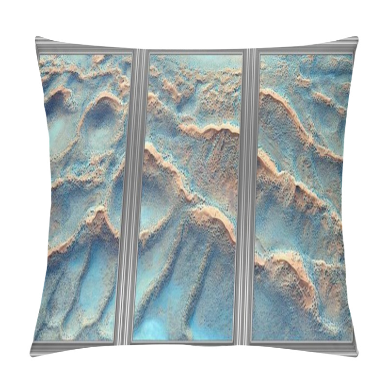 Personality  The Waves, Triptych With Silver Frame Of Abstract Photography Of The Deserts Of Africa From The Air, Pillow Covers