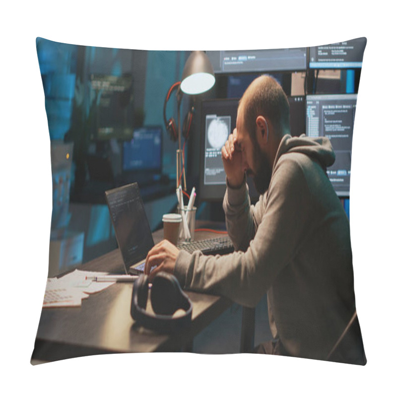 Personality  App Developer Feeling Tired And Fatigued At Office Job, Falling Asleep Working On Html Code. Exhausted Sleepy Man Being Burnout Late At Night And Yawning, Coding Security Server. Pillow Covers