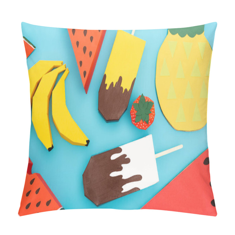 Personality  Top View Of Paper Summer Fruits And Ice Cream On Blue Background Pillow Covers