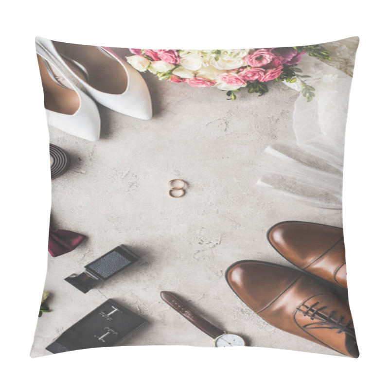 Personality  Top View Of Wedding Accessories On Gray Surface Pillow Covers