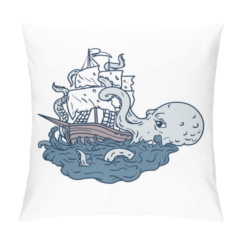 Personality  Doodle Art Illustration Of A Kraken, A Legendary Cephalopod-like Giant Sea Monster Attacking A Sailing Ship With Its Tentacles On Sea With Tumultuous Waves Done In Sketch Drawing Style. Pillow Covers