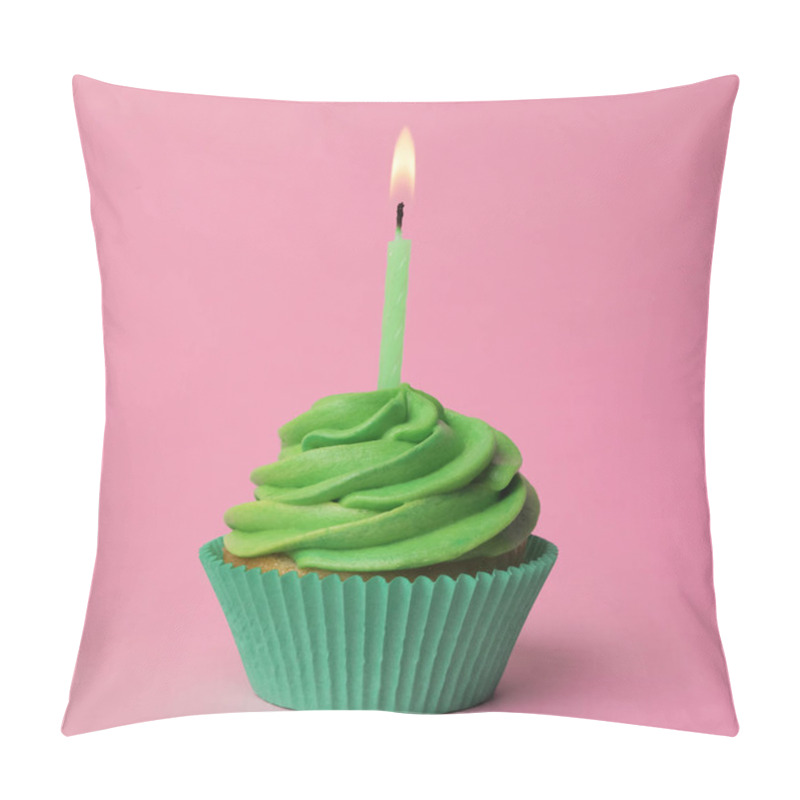 Personality  Delicious Birthday Cupcake With Green Cream And Burning Burning  Pillow Covers