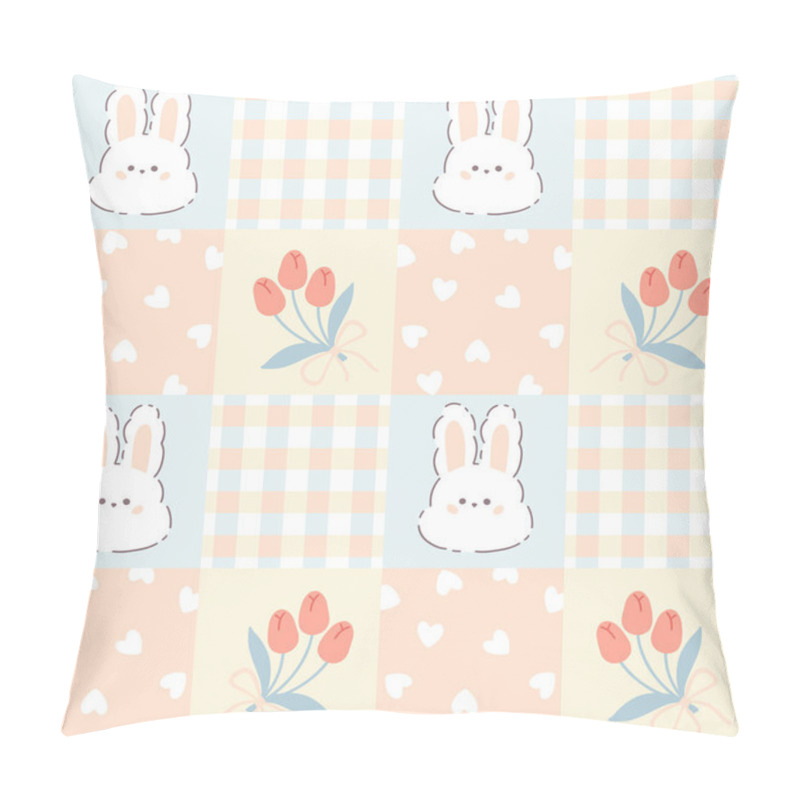 Personality  Gingham Seamless Patchwork Pattern With Kawaii Bunny Rabbit And Tulips. Tartan Check For Tablecloths, Napkins, Clothes, Packaging, For Easter Holiday. Cute Childish Vector Background, Pastel Palette Pillow Covers