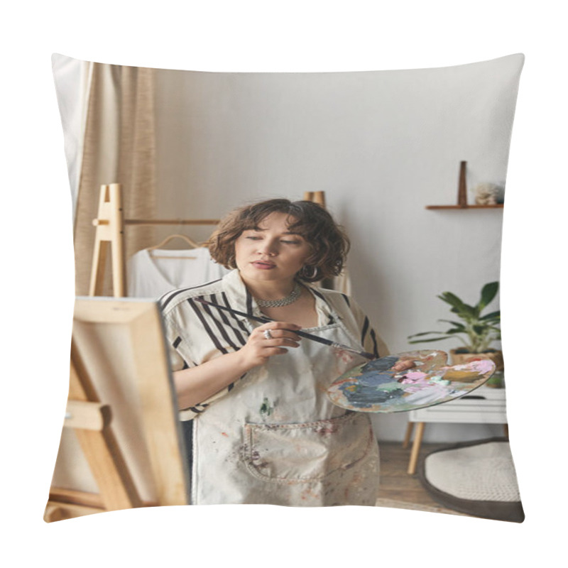 Personality  A Young Woman With Beautiful Curly Hair Passionately Creates Art In Her Modern Apartment. Pillow Covers