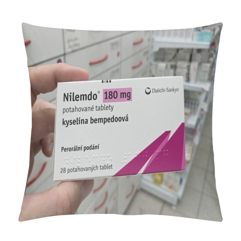 Personality  Prague,Czech Republic-October 9 2024: Nilemdo By DAIICHI SANKYO Contains BEMPEDOIC ACID, A Medication For Lowering LDL Cholesterol In Patients Who Need Additional Cholesterol Management Despite Diet  Pillow Covers