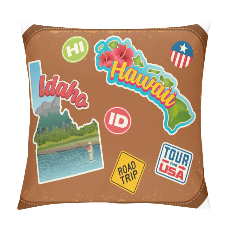 Personality  Idaho And Hawaii Travel Stickers With Scenic Attractions And Retro Text On Vintage Suitcase Background Pillow Covers