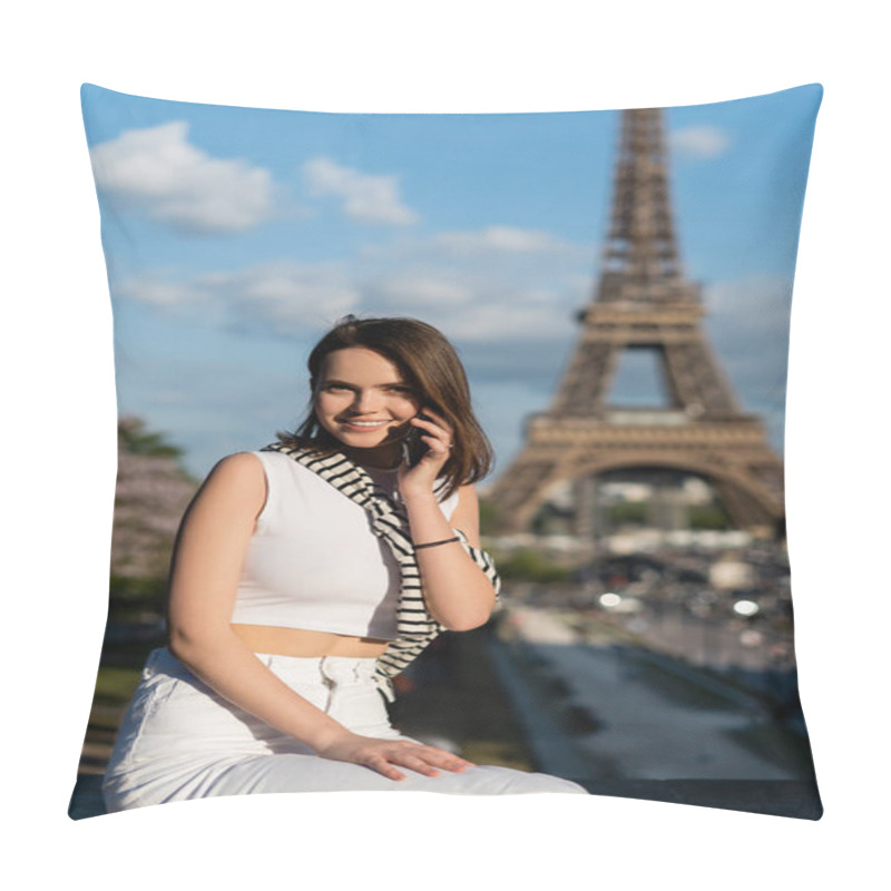 Personality  Happy Young Woman In Trendy Outfit Talking On Smartphone While Sitting Near Eiffel Tower In Paris  Pillow Covers