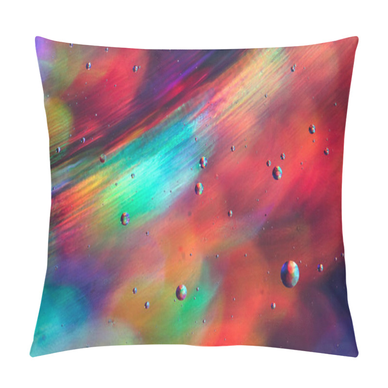 Personality  Photography Liquid Surface With Holographic Bokeh Effect Of Orange, Blue, Red Colors. Top View Of Bright Abstract Texture Oil Bubbles In Water. Pillow Covers