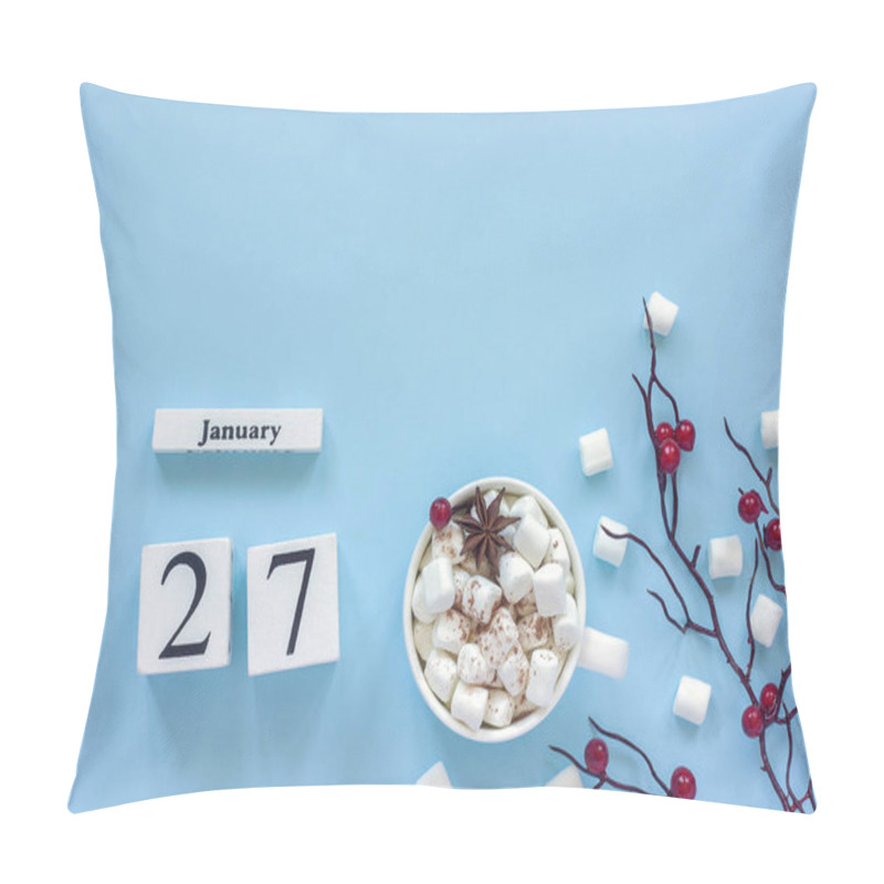 Personality  White Wooden Calendar Cubes With January 27. Cup Of Cocoa, Marshmallows And Decorative Branch With Red Berries On Blue Background Pillow Covers