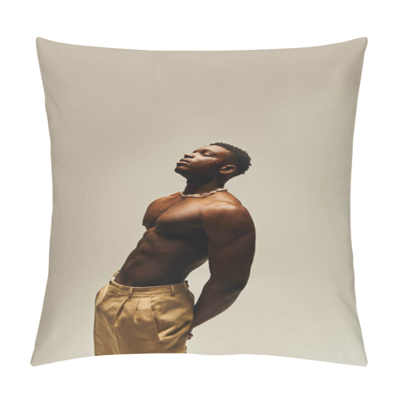 Personality  Striking A Pose, A Young Handsome African American Man Stands Topless, Exuding Confidence And Charm. He Combines Fashion Forward Trousers With A Relaxed Posture, Drawing Attention To His Physique. Pillow Covers