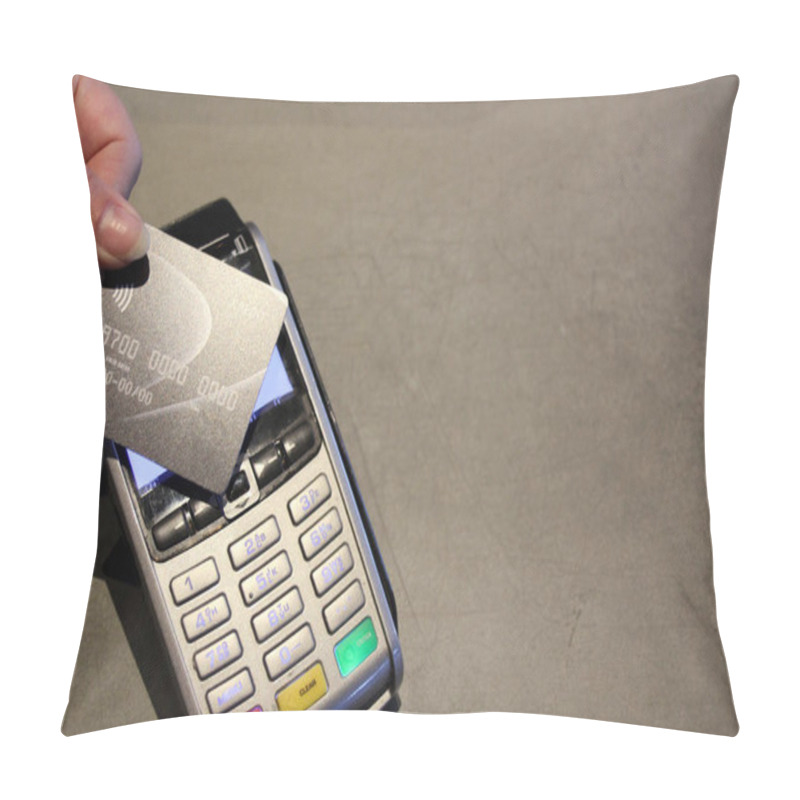 Personality  Contactless Payment Card Pdq Background Copy Space With Hand Holding Credit Card Ready To Pay Pillow Covers