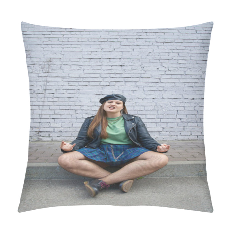 Personality  Chic Plus Size Woman Posing In Leather Beret And Jacket, Plaid Skirt With Chains, Fishnet Tights And Black Shoes While Sitting With Crossed Legs Near Brick Wall On Urban Street, Rock Sign Pillow Covers