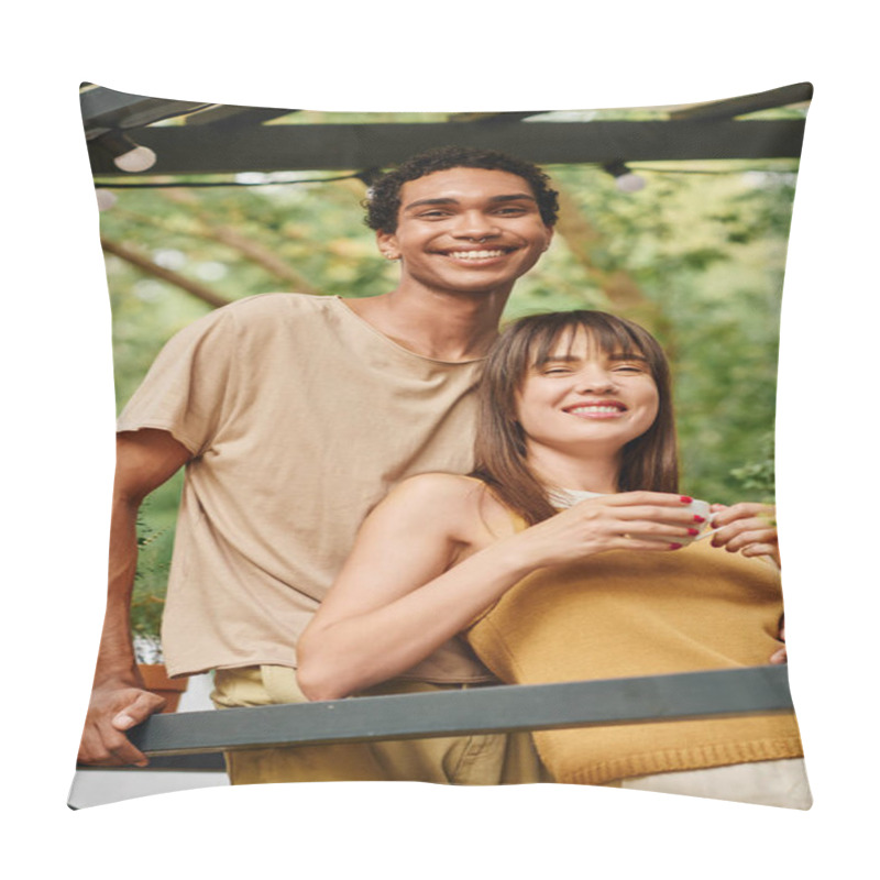 Personality  A Man And A Woman Stand Side By Side, Taking In The Scenery Before Them While On A Romantic Getaway In A Camper Van. Pillow Covers