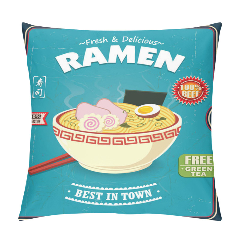 Personality  Vintage Japanese Food Poster Design With Vector Ramen Character. Chinese Word Means Sushi. Pillow Covers