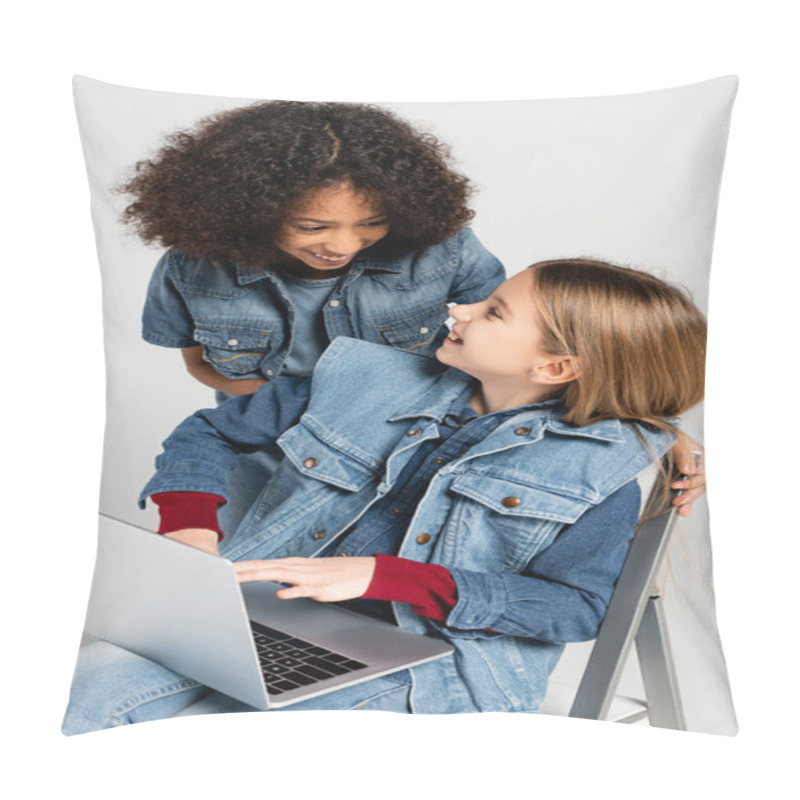 Personality  Cheerful African American Girl In Denim Clothes Near Happy Friend Sitting On Chair With Laptop Isolated On Grey Pillow Covers