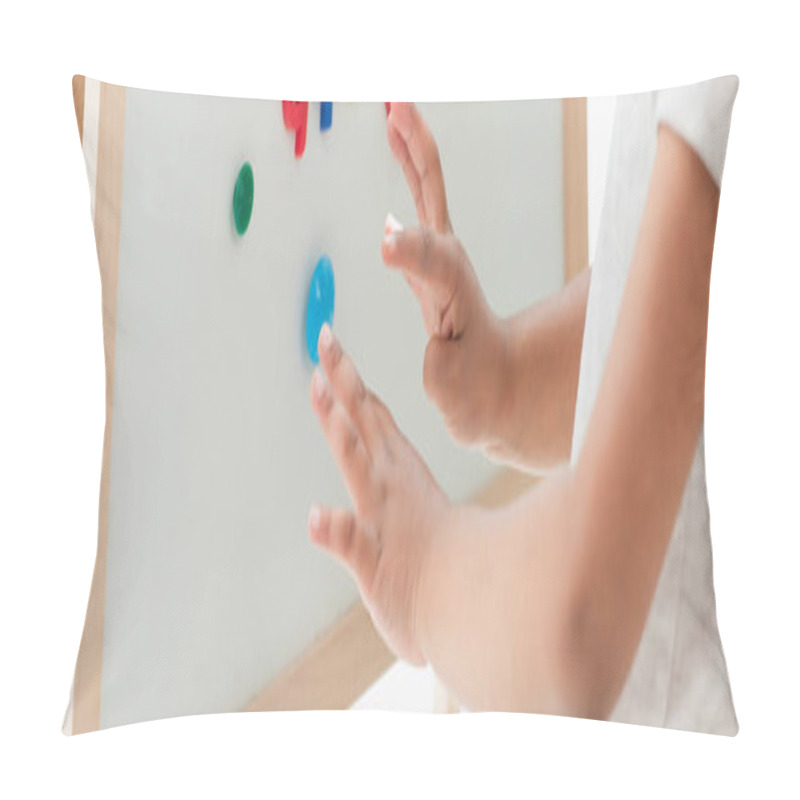 Personality  Horizontal Crop Of African American Kid Touching Magnetic Easel With Magnets  Pillow Covers