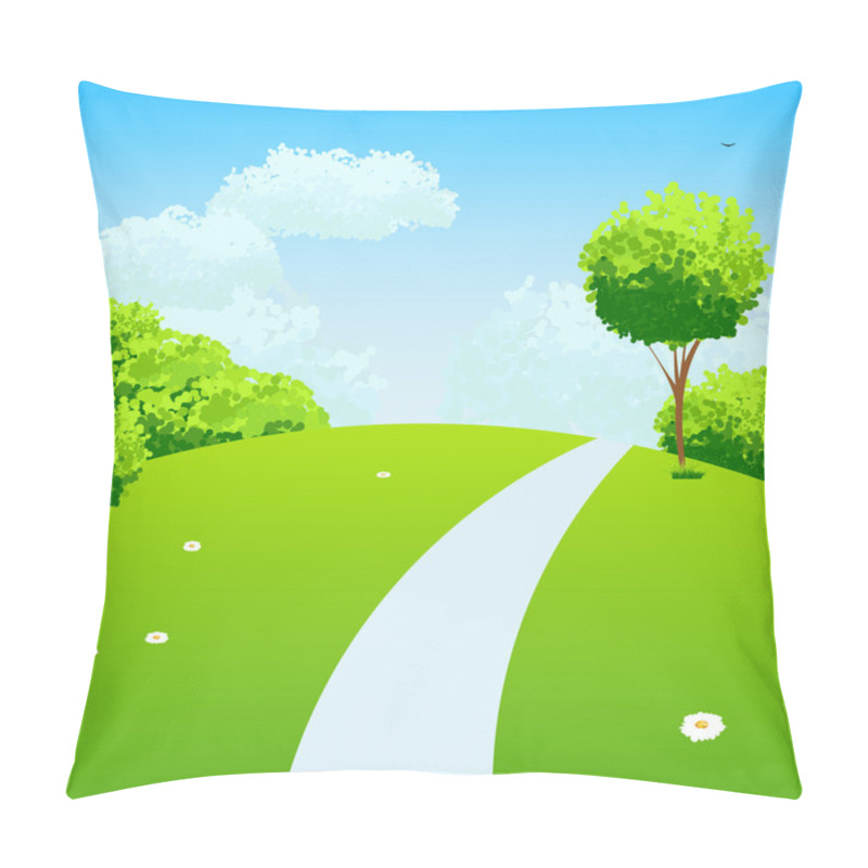 Personality  Green Landscape With Trees Clouds And Chamomiles. Pillow Covers