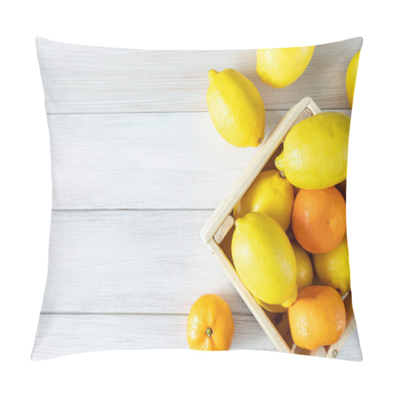 Personality  Lemons And Mandarins In A Wooden Box. Fresh Tangerines And Lemons On A White Wooden Background. Top View. Ripe And Tasty Citrus Fruit. Copy Space Pillow Covers