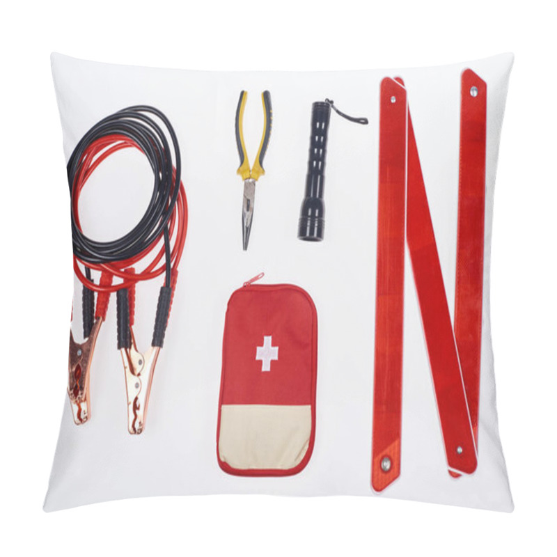 Personality  Flat Lay With First Aid Kit And Automotive Accessories Isolated On White Pillow Covers