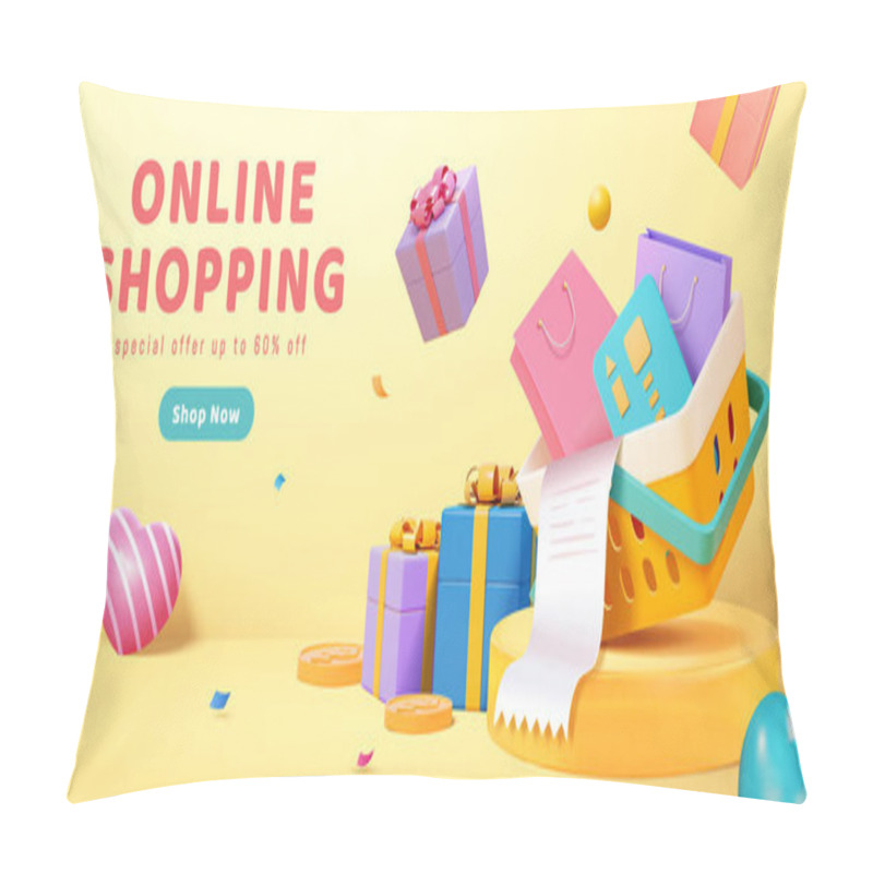 Personality  3D Online Shopping Banner Or Landing Page. Basket Full Of Shopping Bags, Receipt, And Credit Card On Round Podium With Gifts, Coins, And Heart Decorations Around. Pillow Covers