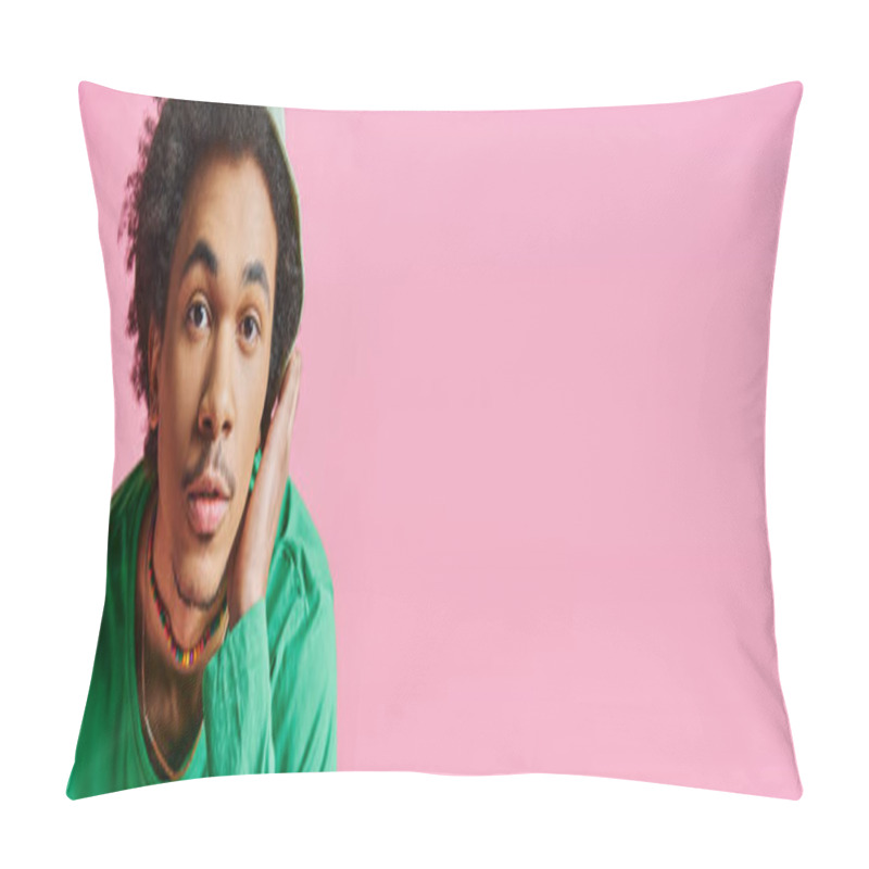 Personality  Astonished Young African American Man With Curly Hair Wearing Casual Attire, Displaying A Surprised Expression On A Pink Background. Pillow Covers