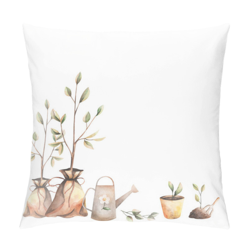 Personality  Seedlings And A Tree In A Bag. Drawing Of Seedlings In A Pot And In The Ground With A Watering Can Pillow Covers