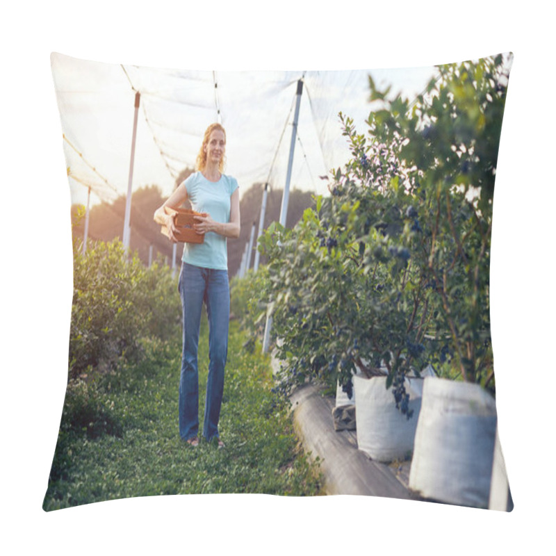 Personality  Modern Woman Working And Picking Blueberries On A Organic Farm - Woman Power Business Concept. Pillow Covers