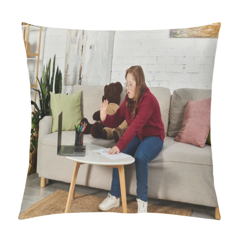 Personality  A Little Girl With Down Syndrome Studies At Home On A Laptop. Pillow Covers