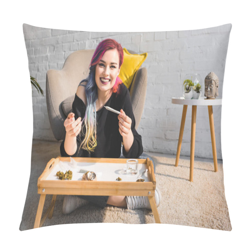 Personality  Attractive Hipster Girl Sitting On Floor Behind Table, Rolling Joint And Smiling At Camera  Pillow Covers