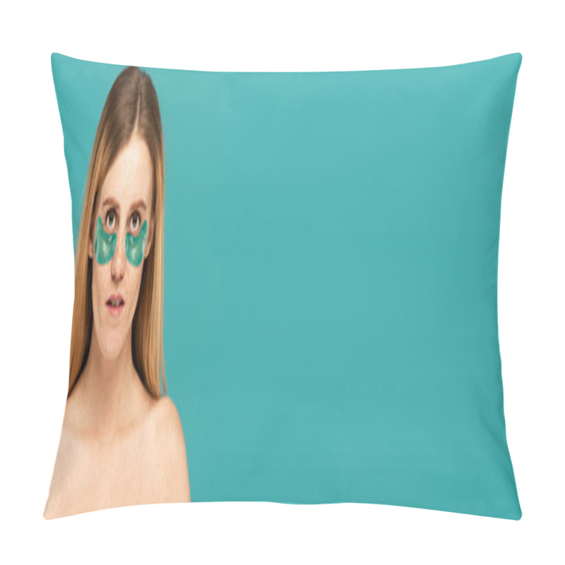 Personality  Redhead Woman With Freckles And Patches Under Eyes Looking At Camera Isolated On Turquoise, Banner  Pillow Covers