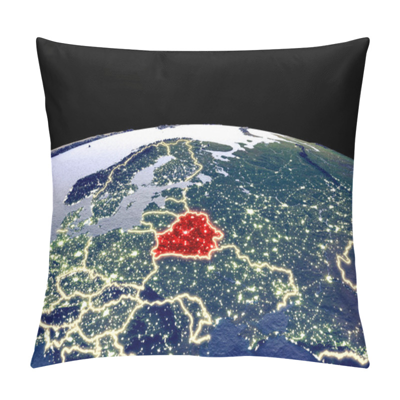 Personality  Belarus From Space On Planet Earth At Night With Bright City Lights. Detailed Plastic Planet Surface With Real Mountains. 3D Illustration. Elements Of This Image Furnished By NASA. Pillow Covers