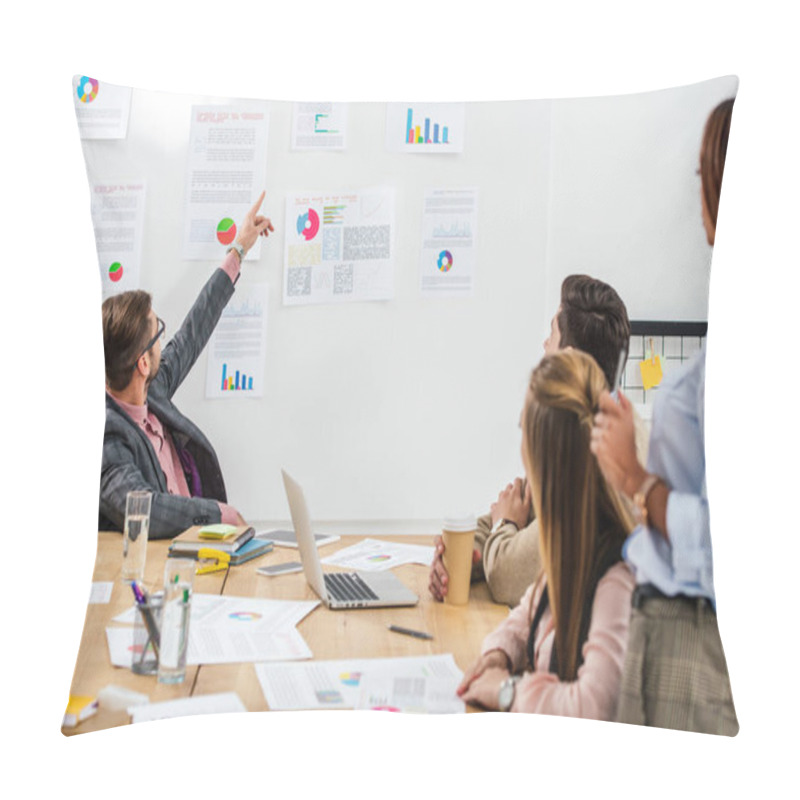 Personality  Businessman Pointing At White Board With Papers During Meeting With Multicultural Coworkers In Office Pillow Covers